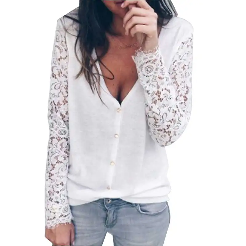 Women Blouses Ladies Sexy V Neck Blouse Solid White Black Floral Lace Long Sleeve Blouse Female Shirts Womens Tops And Blouses