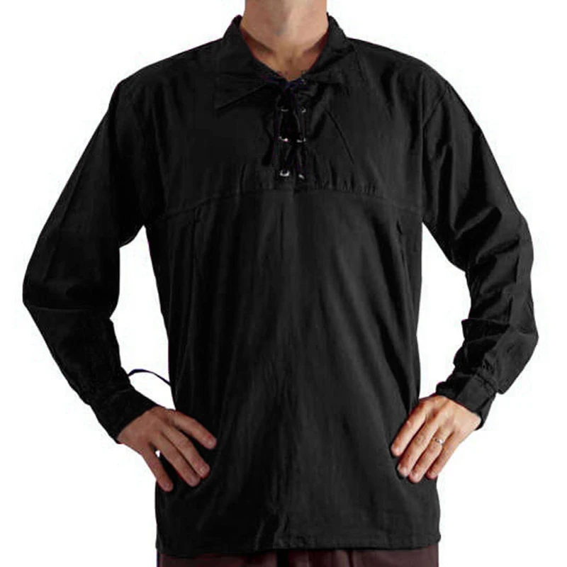 

SHUJIN Men Medieval Renaissance Cosplay Costume Tops Spring Tunic Lacing Up Stand Collar Bandage Black White Shirt 2019 New