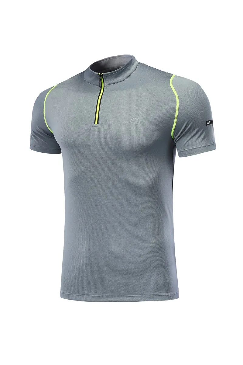 HOWE AO Спортивная футболка мужская гимнастическая футболка с коротким рукавом мужская на молнии с воротником индивидуальная футболка для бега Мужской Топ - Цвет: Серый