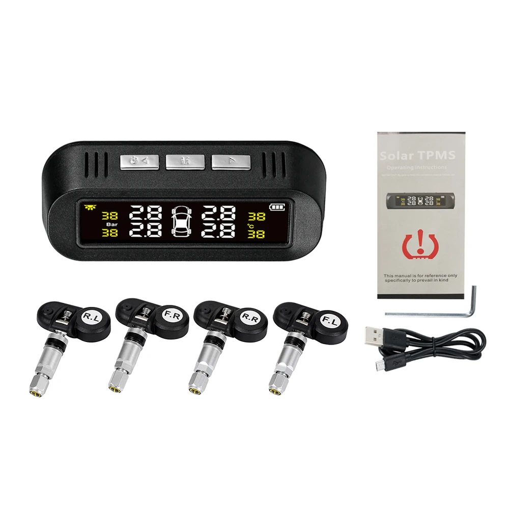 

Tire Pressure TPMS Sensor Intelligent Voice Warning Monitor System Wireless Solar Powered LCD Display with 4 External Sensors