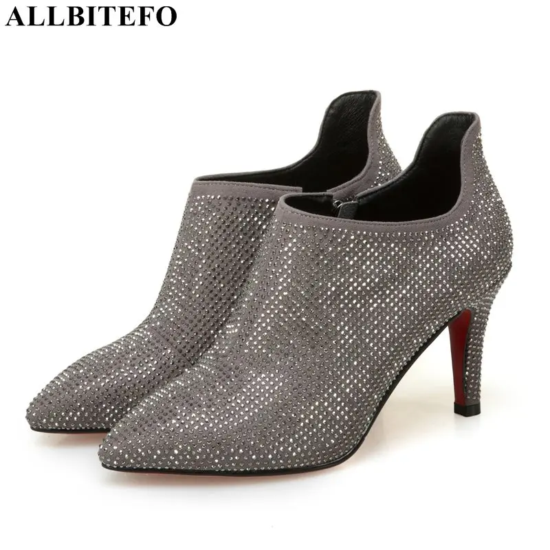 

ALLBITEFO brand genuine leather women boots full rhinestone design high heels boots shoes for woman spring autumn ankle boots