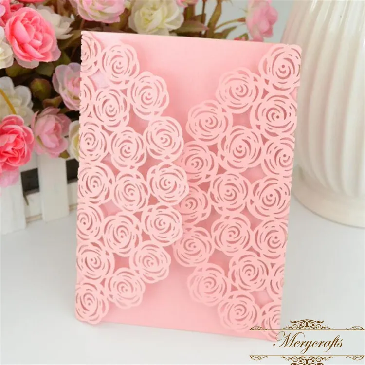 

50pcs Rose theme wedding laser cut pink pearl wedding invitation cards from Mery crafts