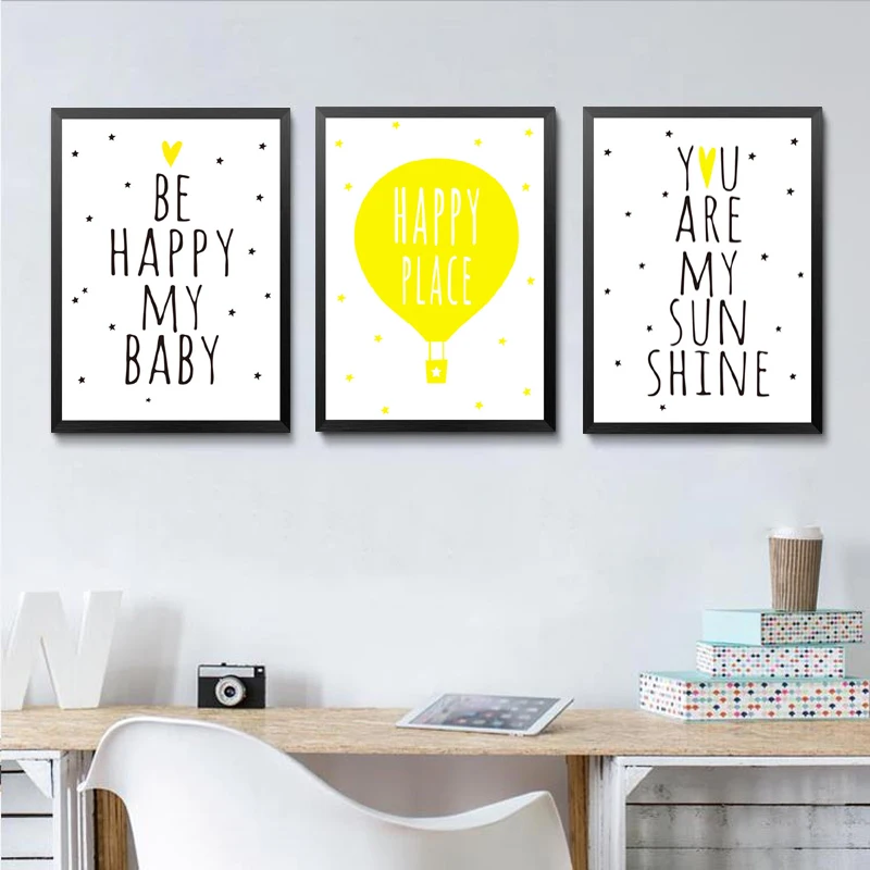 

Nordic Poster Yellow Color Quote Cartoon Canvas Painting Be Happy My Baby Art Wall Picture Modern Print Poster Room Decor