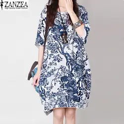 2017 платье zanzea женщины crewneck цветочные печатный карманы короткие мини dress лето дамы с коротким рукавом туника багги свободные кафтан