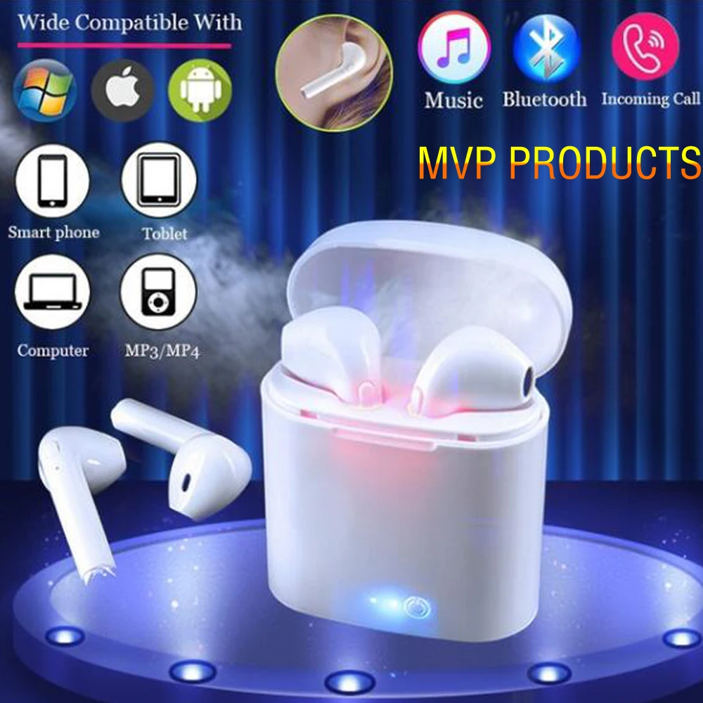 

2PCS/Lot Bluetooth Car Kit I7STWS Wireless Headset Bluetooth in-ear Earbuds Earphones with White Charger Case for iPhone Android