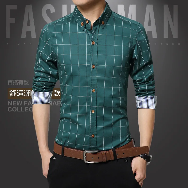 Осень мужская повседневная клетчатая рубашка с длинным рукавом Slim Fit удобная мягкая хлопковая рубашка стиль отдыха мужская одежда - Цвет: Зеленый
