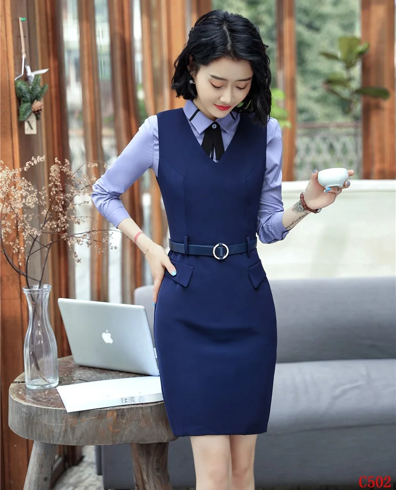

Fashion Women Dresses Navy Blue Sleeveless Office Ladies Work Wear Dress Female Clothes (Belt Included)