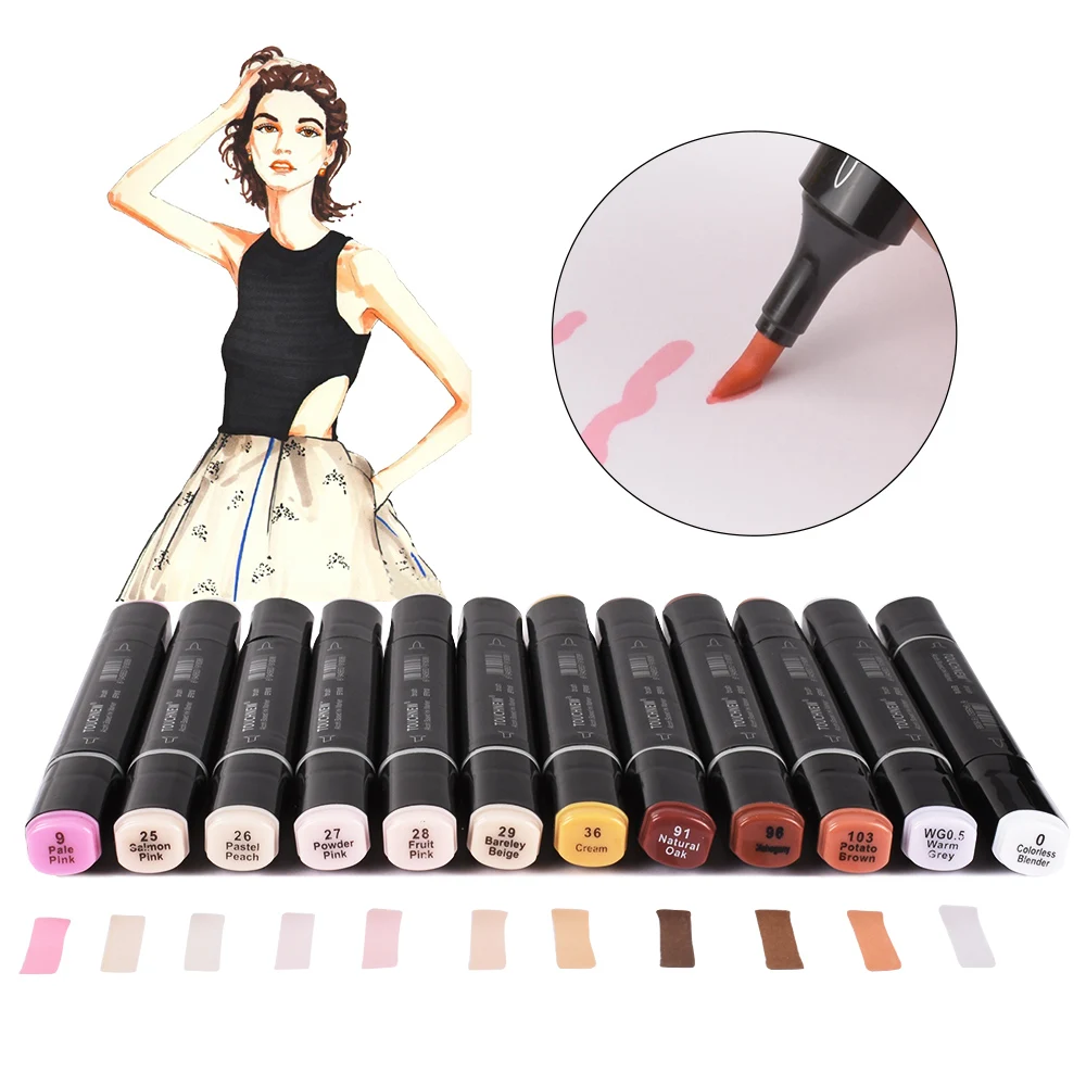 

TOUCHNEW 12 Colors Skin Tones Soft Brush Marker Pen Set Dual Tip Alcohol Based Sketch Markers Manga Artist Drawing Art Supplies
