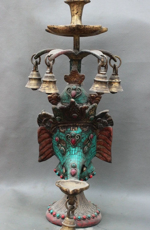

15" Tibet Turquoise & Coral Gilt Elephant Wealth God Bell Candlestick Holder