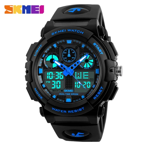 Новые роскошные Брендовые спортивные кварцевые часы SKMEI, мужские водонепроницаемые аналоговые цифровые светодиодный часы с двойным временем, мужские повседневные наручные часы - Цвет: Blue