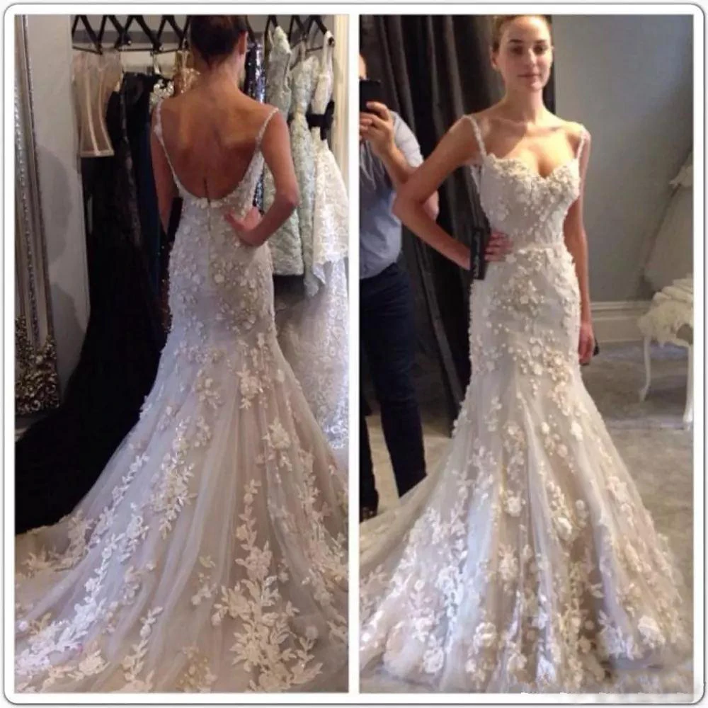 Luxury Mermaid Lace Beach Wedding Dresses Spaghetti Saudi Arabia Appliqued Backless Bridal Gown vestido De noiva Wedding Dress Custom Made229