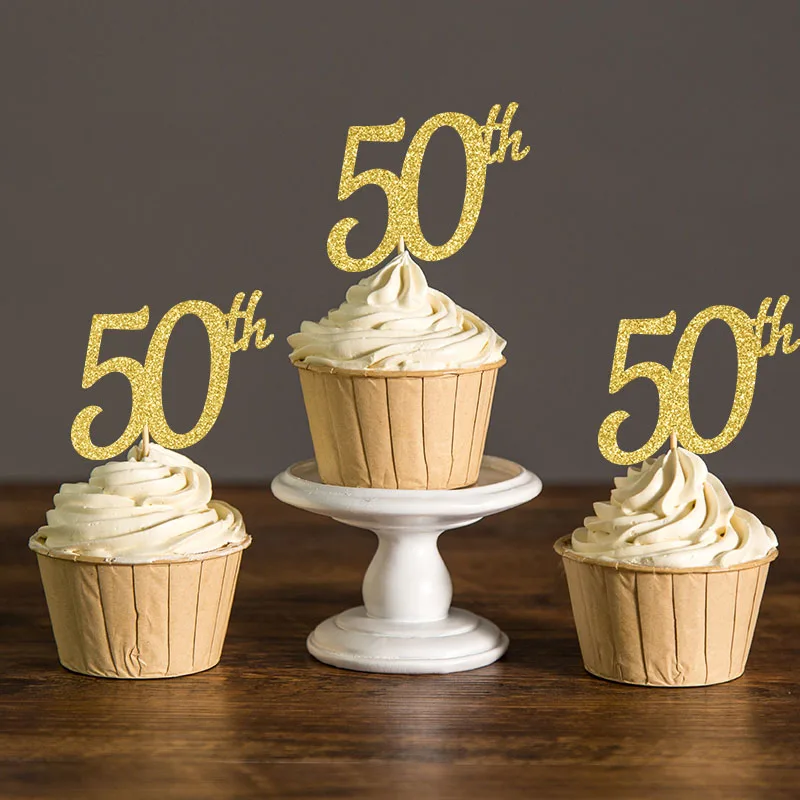 Золото/серебро/черный блеск 50th кекс Picks выбор, 50 день рождения украшения 50 юбилей аксессуар для кекса поставки - Цвет: Gold Glitter