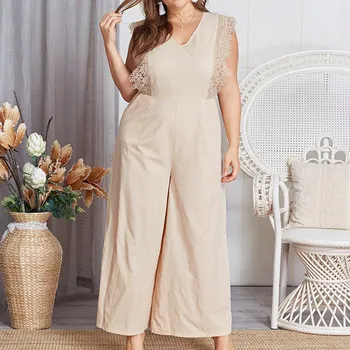

Casual Plus Size Solid Jumpsuit Women Lace Patchwork Overalls Sleeveless Loose Playsuit