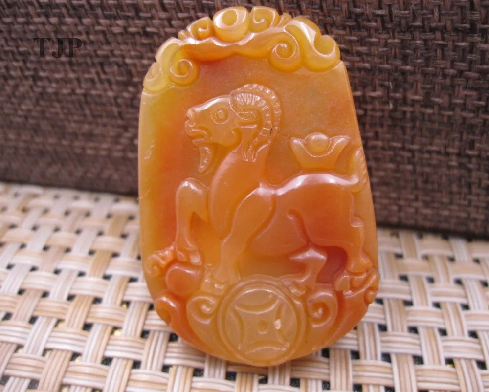 

natural HUANGLONG jade isabelline carven lucky Chinese goat pendant with certificate together jade pendant