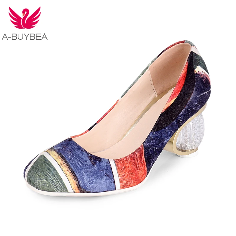 

A-BUYBEA Size 43 Fashion Retro Women Crystal High Heels Pumps Sexy Prints Wedding Party Shoes Woman Slip On Quality Prom Pumps