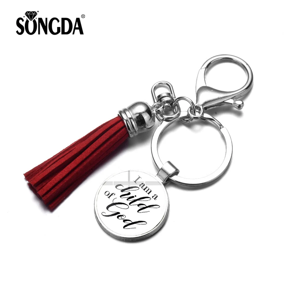 

SONGDA Inspirational Language I Am a Child of God Keychain Bible Verse Quote Glass Gem Color Tassel Family Child Key Chain Gifts