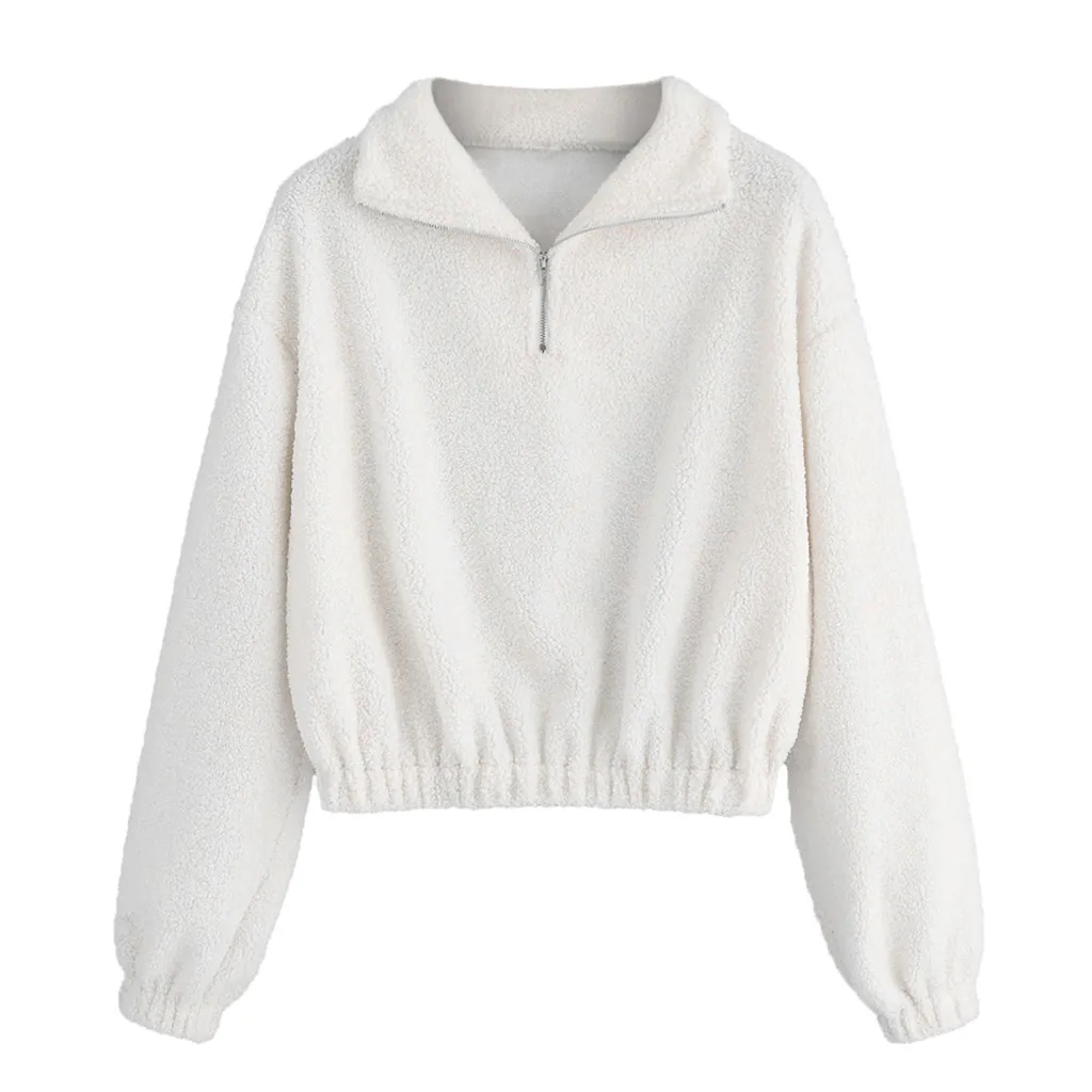 Women's Sweatshirt Long Sleeve Casual Quarter Zip Elastic Hem Sweatshirt Turndown Collar Pullover Tops Blouse Winter Hoodies#D8 - Цвет: White