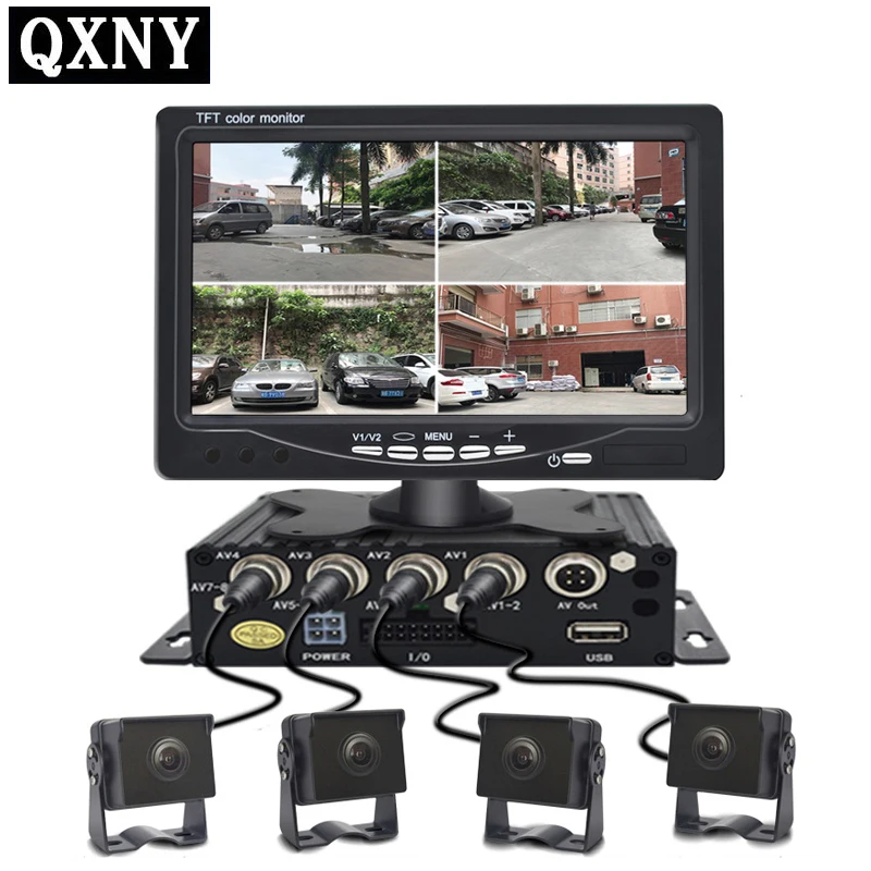 

QXNY DC12V-24V 7" LCD 4CH Video input Car Video Monitor For Front Rear Side View Camera Quad Split Screen 13Mode Display SD MDVR