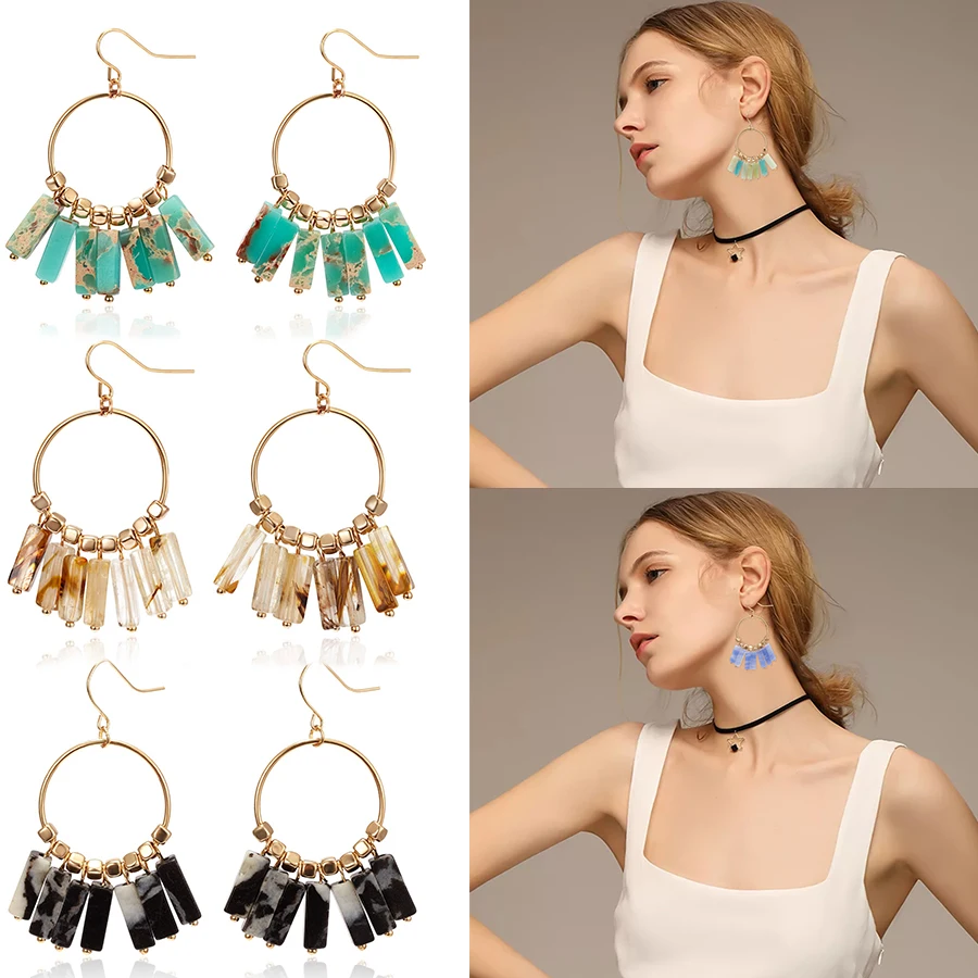 

Tiger Eye Green Stone Colorful Natural Stone Pendant Dangle Earrings for Women Charm Sector Shape Beads Drop Bohemian Earring