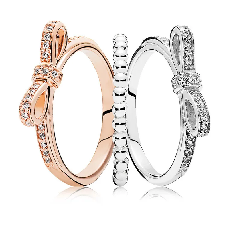 

Hot Trendy 100% Real 925 Sterling Silver Two-Tone Bow Ring Stack For Women Wedding Engagement Birthday Gift Fine Europe Jewelry