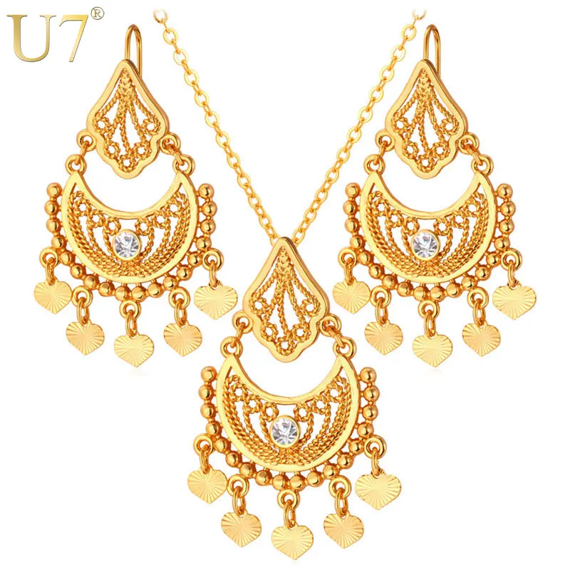 

U7 Tassels Moon Drop Earrings And Maxi Necklace Sets Gold/Silver Color Vintage Indian Costume Ethnic Jewelry Set For Women S624