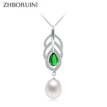 

ZHBORUINI High Quality Pearl Jewelry Freshwater Pearls Feather Green Zircon Pendants 925 Sterling Silver Jewelry For Women Gift