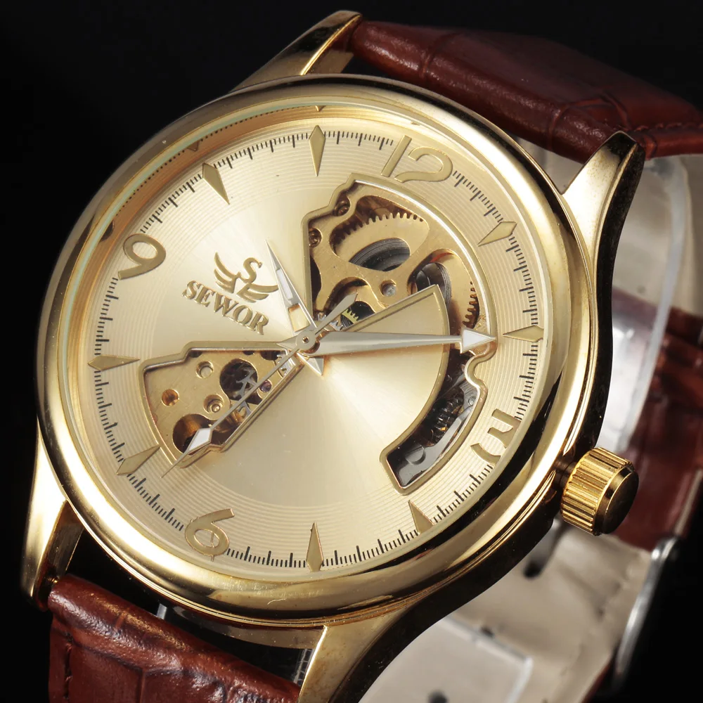 

2016 Fashion SEWOR Men Gold Skeleton Military Watch Leather Strap Business Clock Dress Luxury Automatic Mechanical Watches