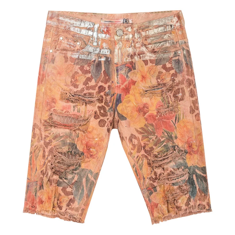 

Summer Fashion Womens High Waisted Ripped Hole Patchwork Printed Floral Denim Shorts , Womans Painted Designer Jeans Shorts