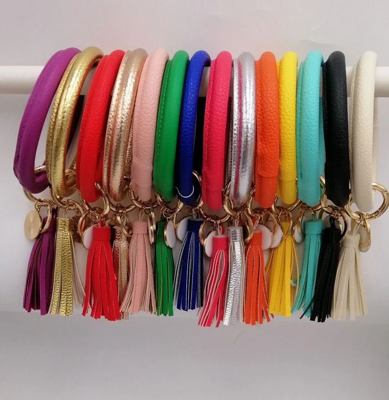

DHLFREE 30pcs 28colors PU Leather O Key Chain Custom Circle Tassel Wristlet Bracelet Keychain Women Girl Key Ring Wrist Strap