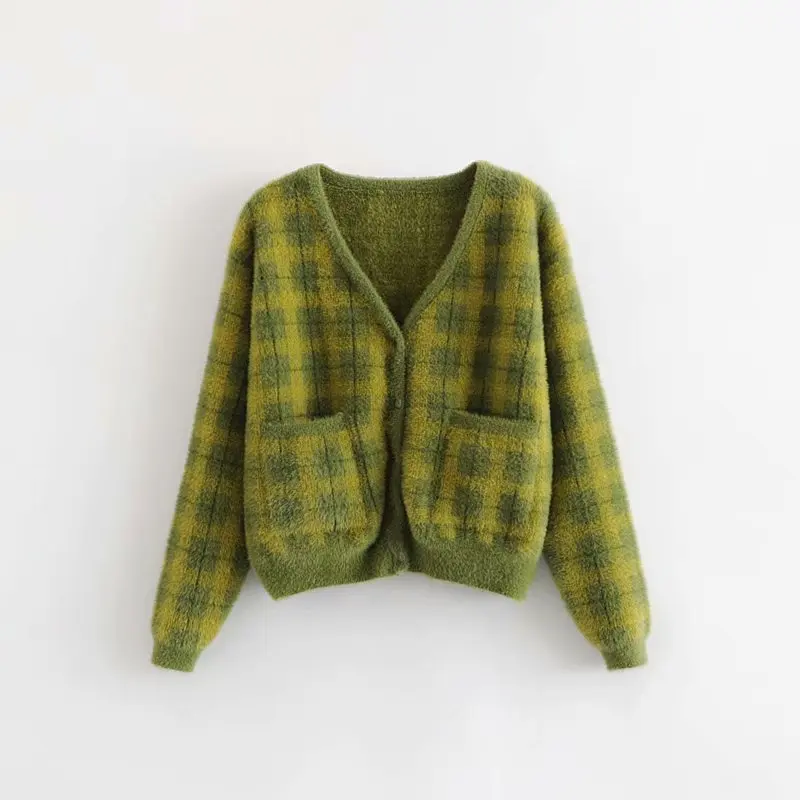 

Luxury High Quality Rabbit Fur Green Plaid Sweater Coat Casual Female Sexy V-Neck Cardigans Single Breasted Long Sleeve Tops