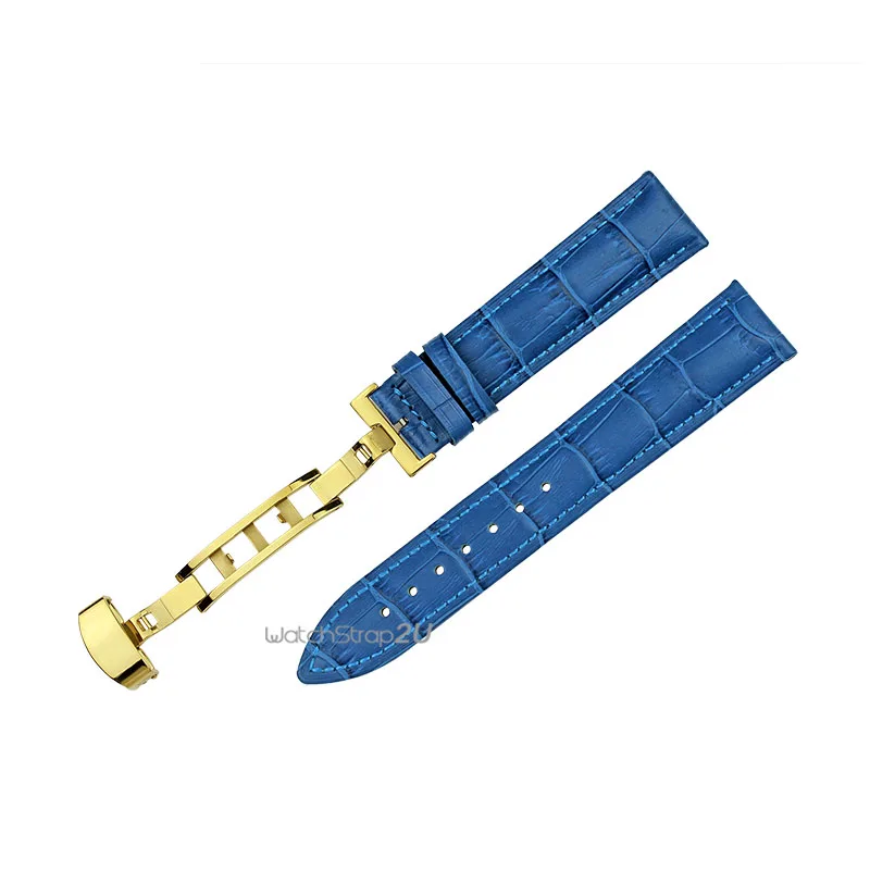 

Blue Alligator Crocodile Grain Genuine Leather Watch Band Strap Gold Deployment Clasp Buckle 18mm 20mm 22mm 24mm