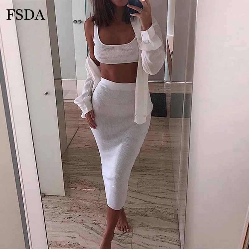 FSDA летний неоновый комплект из двух предметов, без рукавов, с открытой спиной, укороченный топ и юбка миди, облегающий однотонный Повседневный Женский комплект для вечеринки - Цвет: Белый