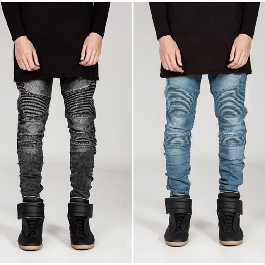 

Fashion 2017 top Mens Ripped Biker Jeans homme Men's Streetwear Motorcycle Slim Fit Black  Blue Moto Denim Pants Joggers Skinny