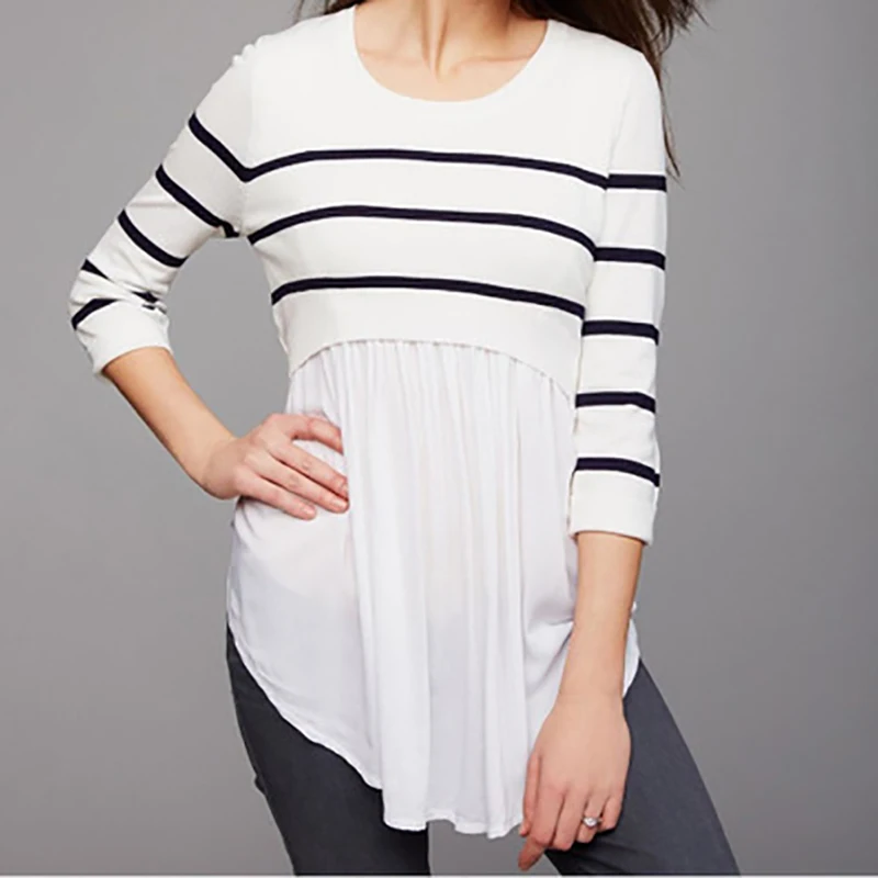 

Nursing Top Striped Chiffon Patchwork Pregnancy Shirt White Maternity Clothes for Nursing Mother Blouse Breastfeeding Tee Femme