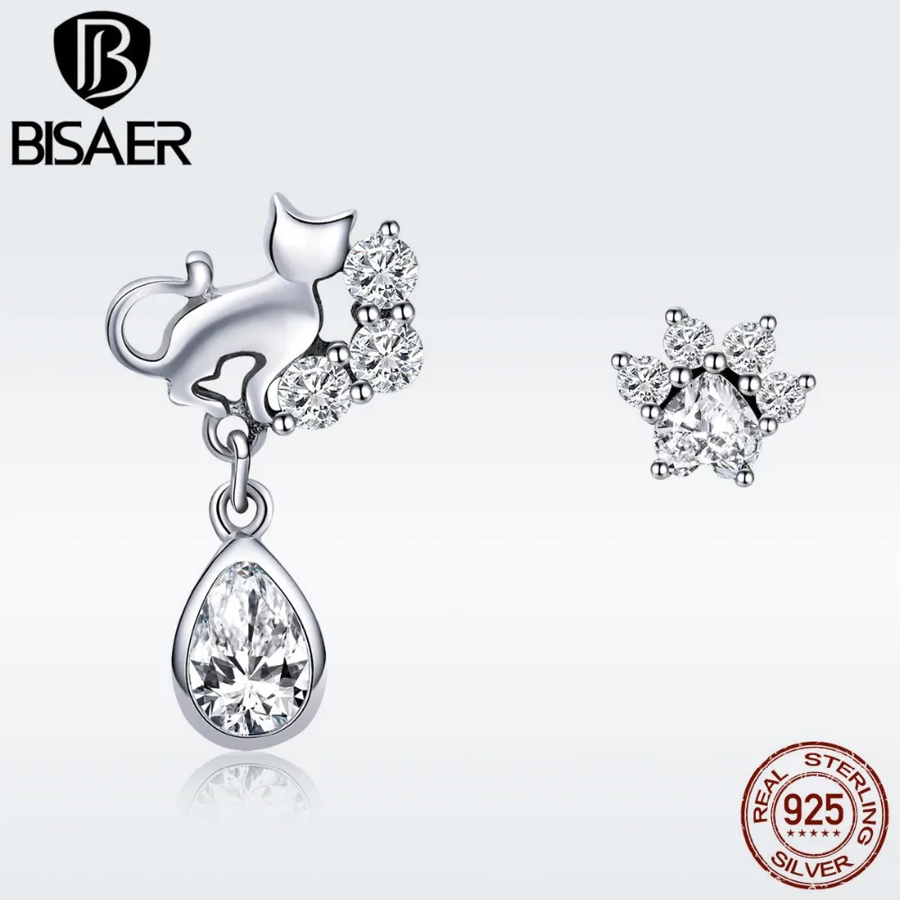 BISAER,, 925 пробы, серебряные, кошачьи следы, животные, прозрачные CZ серьги-гвоздики для женщин, модные серьги, ювелирное изделие ECE424