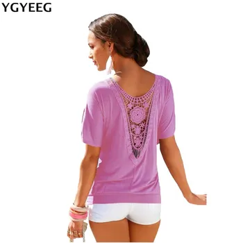 

YGYEEG Summer Large Size Short Sleeve T-shirt Women's Stitching Hollow Out Lace Tees Fashion O Neck Batwing Sleeve T Shirt Tops