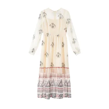 

2019 Summer Brand Designer Elegant Women Fake Two Piece Pint Patchwork Women Long Dresses Holidyay Boho O-neck Chic Dress