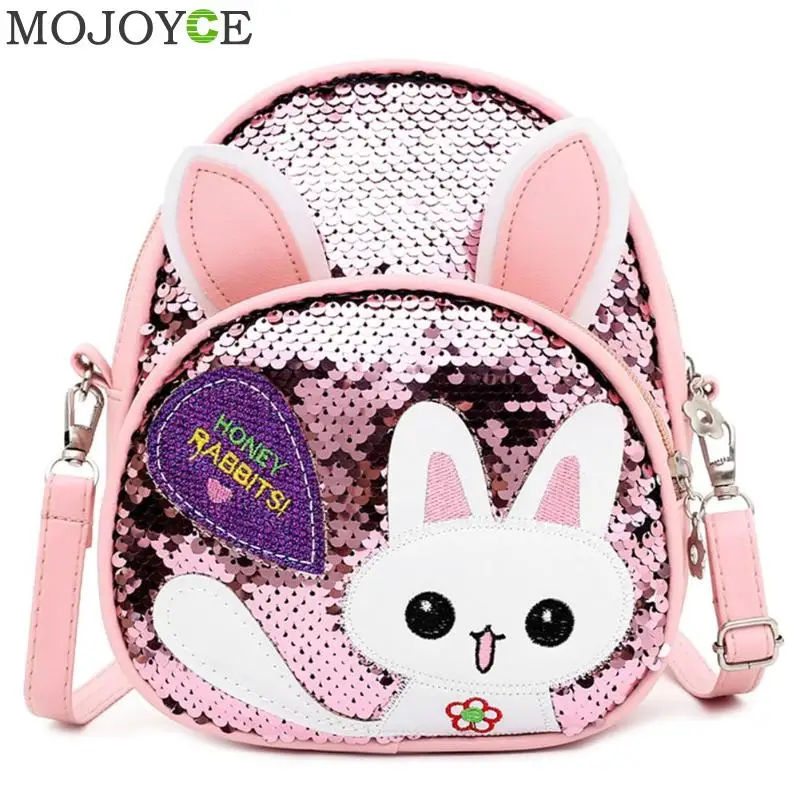 New Fashion High Quality Children Girls Babbit Bag Leather+ Sequins School Bookbag Travel Backpack Rucksack Zipper