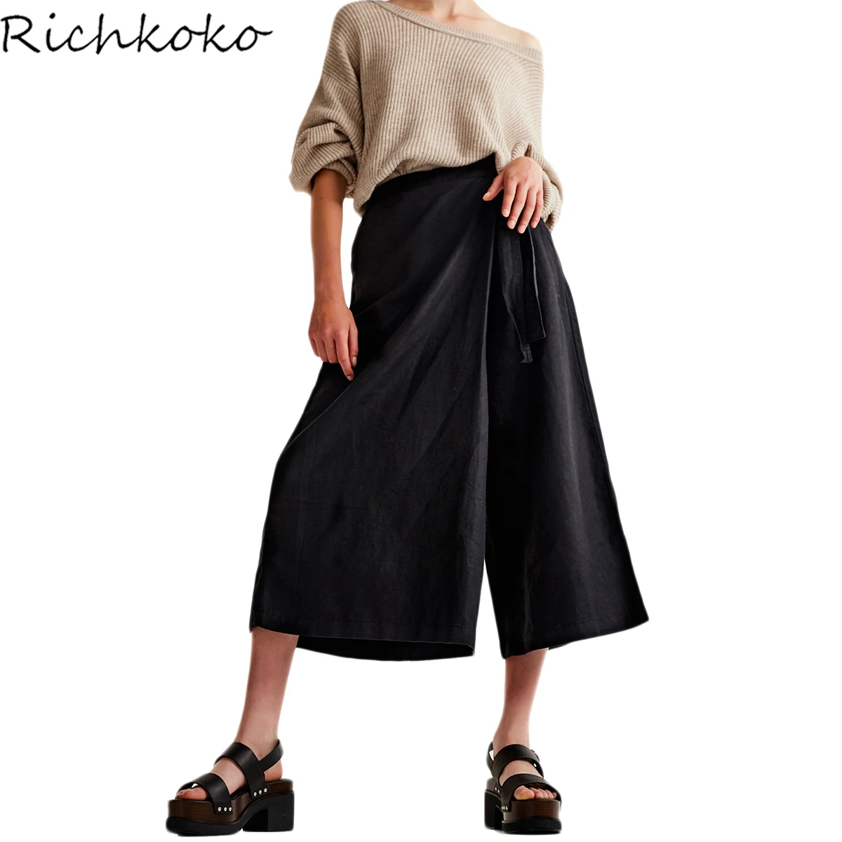 RichKoKo Autumn Fashion Solid Black Casual Loose Pants