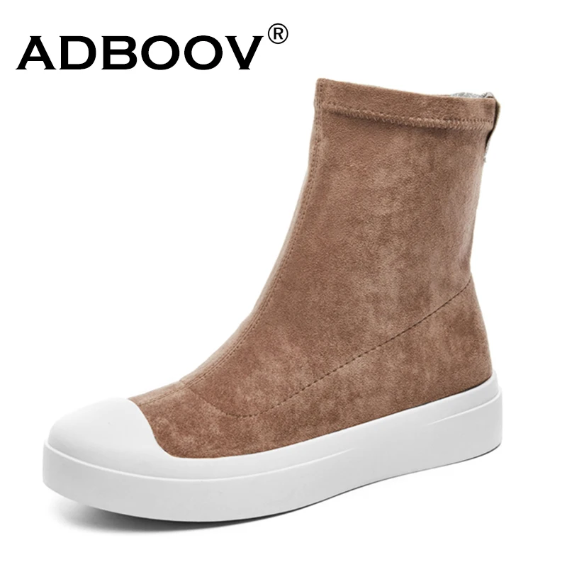 

ADBOOV Fall Winter Flat Ankle Boots Women Round Toe Ridding Boots Suede Slip On Platform Boots Shoes Ladies Footwear