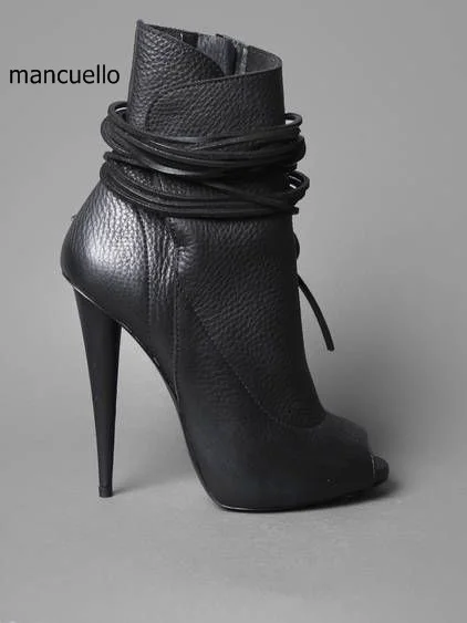 

New Arrival Women Black PU Leather Thin High Heel Boots Pretty Peep Toe Lace Up Ankle Boots Unique Sandal Booties Hot Selling