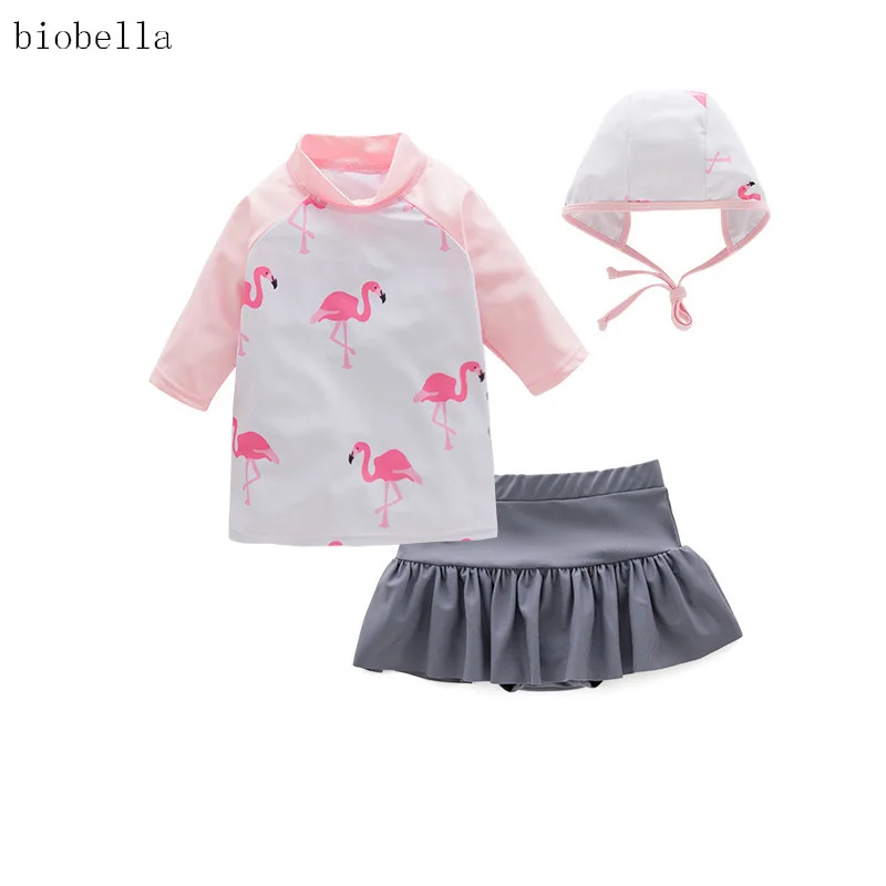 

Children Clothing Summer Girls Swimwear Hot Summer Cute Bathing Long Sleeve 3Pcs Swimsuits New Style Casual Swan Girls Swimwears