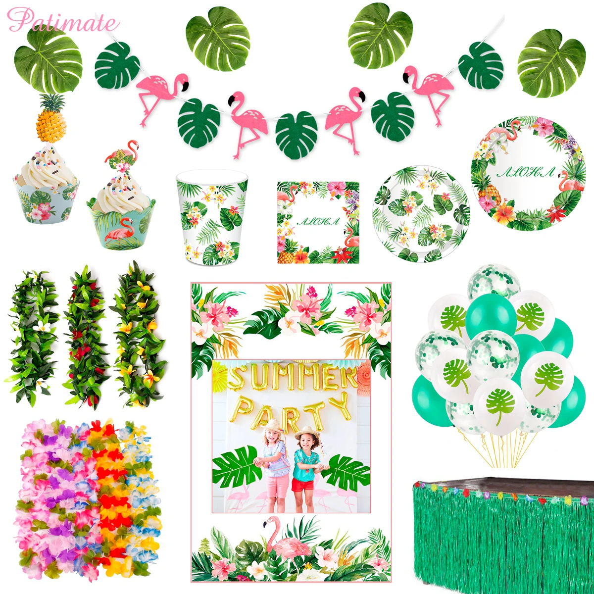 

PATIMATE Hawaiian Party Decorations Artificial Flowers Palm Leaves Bunting Banner Luau Flamingo Summer Tropical Party Decoration