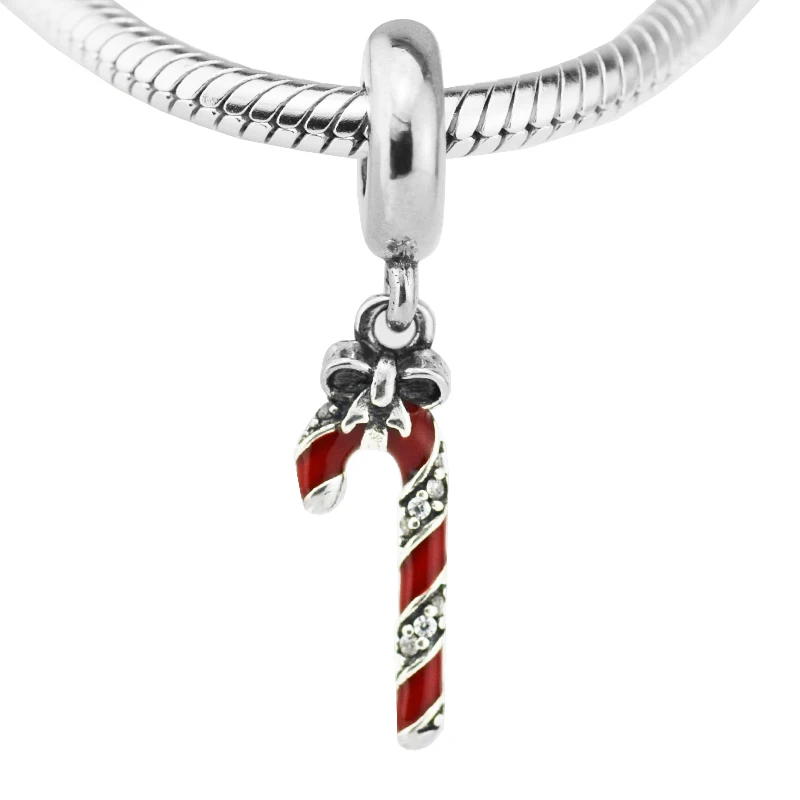 

Fits for Pandora Charms Bracelets 100% 925 Sterling-Silver-Jewelry Sparkling Candy Cane Beads with Red Enamel Free Shipping