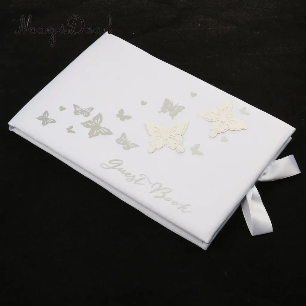 MagiDeal High Quality Wedding Guest Book Butterfly Bowknot White Satin Elegant Ceremony Party Gift for Engagement Party Supplies