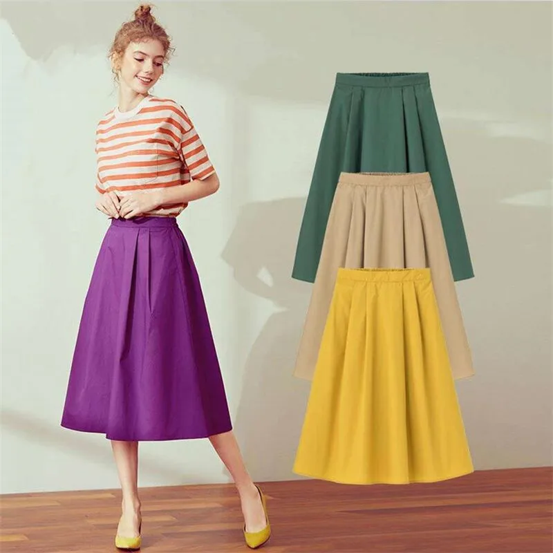 

2019 New Spring Summer Women Solid High Waist Elegant Midi Skirts Office Lady Cotton Skirts Plus Size M-7XL Khaki Black