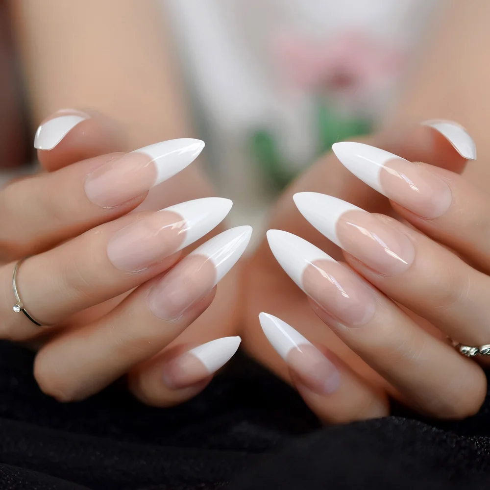  White French Tips Fake Nails Extra Long Stiletto False Nails Natural Painted Long Party Designed Na