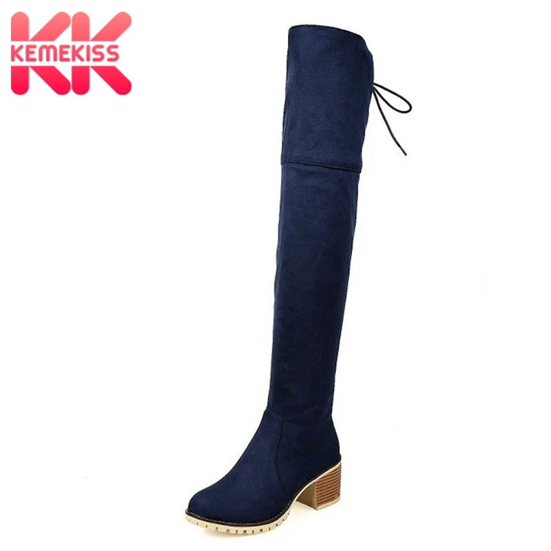 

KEMEKISS Warm Women Over The Knee Boots Solid Color Round Toe Winter High Heels Shoes Zipper Fur Soft Women Boots Size 33-43