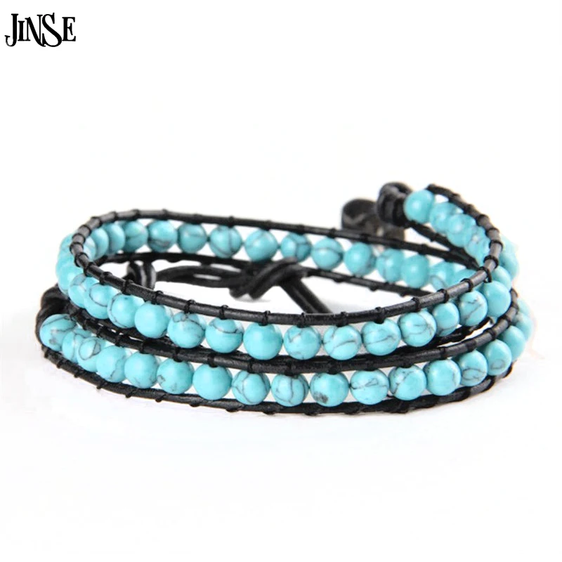

JINSE Unique Natural Round Stone Beads Leather WP Personalized Multi Layered Beads Bracelet Natural Stone Bracelet WPB066
