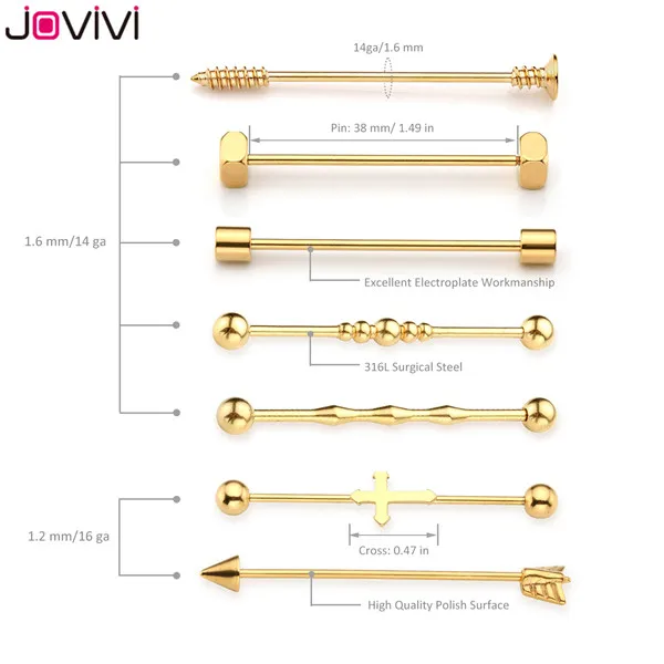 Jovivi 7/10 шт. 14G+ 16G Нержавеющая сталь Длинные Промышленные Штанги ушной хрящ Хеликс-раковины пирсинг Бар серьги-гвоздики 38/48/59 мм - Окраска металла: 7pcs Set 2